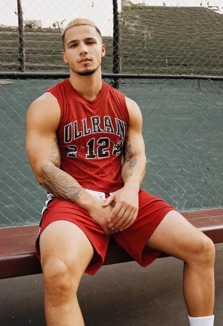 00040-2903342063-refined editorial photograph, photo of jordan_torres, relaxed confident expression, sitting on a bench, wearing a fitted red bas.png